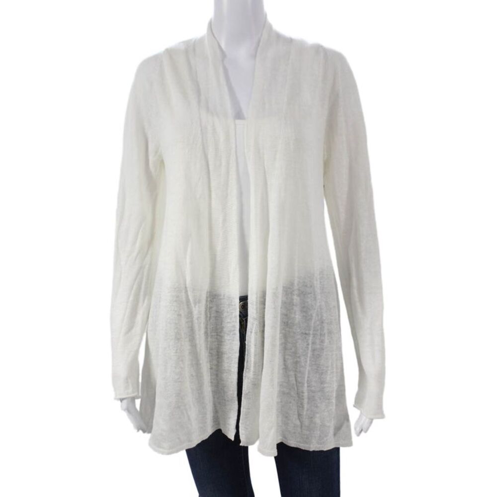 White + Warren Women Cardigan Linen V-Neck White Long Sleeve Size S
